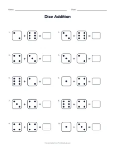 Dice Addition printable worksheet for kindergarten and grade 1