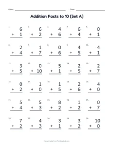 Addition Facts to 10 (Set A) printable worksheet for kindergarten and grade 1