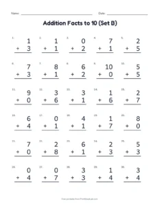 Addition Facts to 10 (Set B) printable worksheet for kindergarten and grade 1