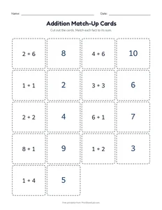 Addition Match-Up Cards printable worksheet for kindergarten and grade 1