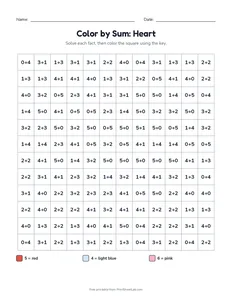 Color by Sum: Heart printable worksheet for kindergarten and grade 1