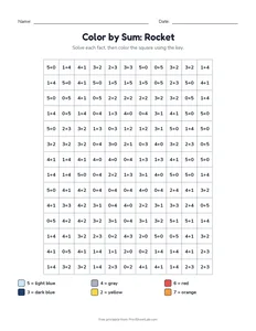 Color by Sum: Rocket printable worksheet for kindergarten and grade 1