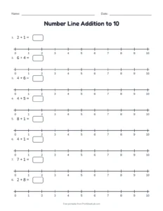 Number Line Addition to 10 printable worksheet for kindergarten and grade 1