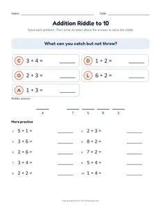 Addition Riddle to 10 printable worksheet for kindergarten and grade 1