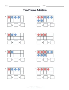 Ten Frame Addition printable worksheet for kindergarten and grade 1