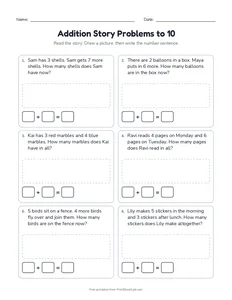 Addition Story Problems to 10 printable worksheet for kindergarten and grade 1