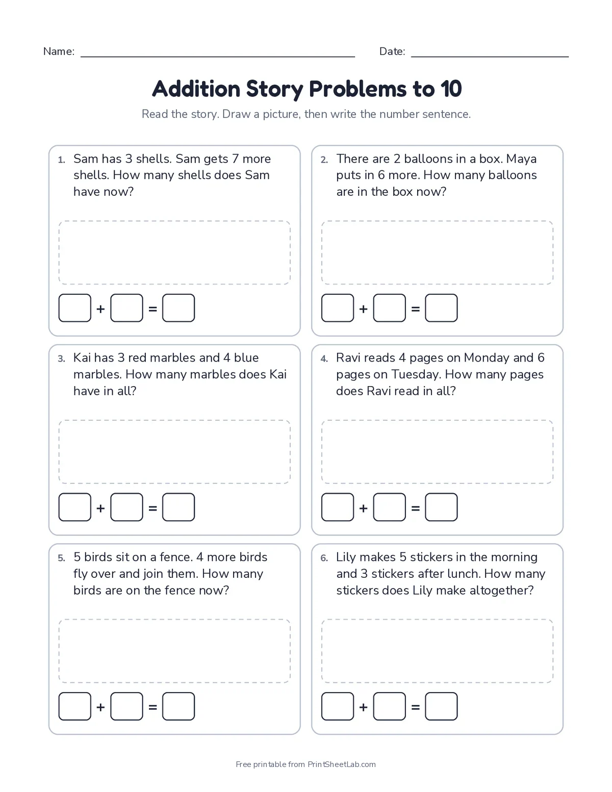 addition and subtraction worksheets: addition story problems to 10