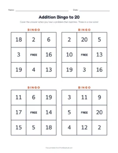 Addition Bingo to 20 printable worksheet for grades 1 and 2