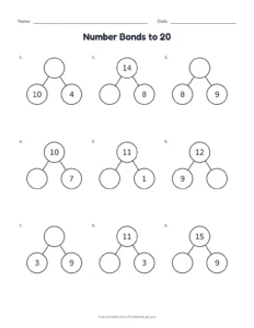 Number Bonds to 20 printable worksheet for grades 1 and 2