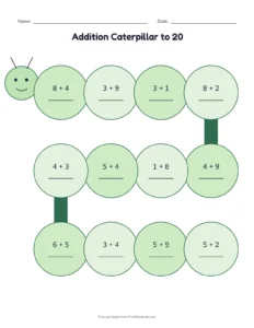 Addition Caterpillar to 20 printable worksheet for grades 1 and 2