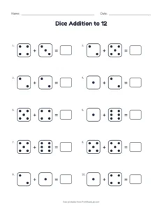 Dice Addition to 12 printable worksheet for grades 1 and 2