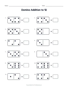 Domino Addition to 12 printable worksheet for grades 1 and 2