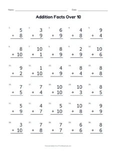 Addition Facts to 20 (Set B) printable worksheet for grades 1 and 2