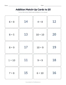 Addition Match-Up Cards to 20 printable worksheet for grades 1 and 2