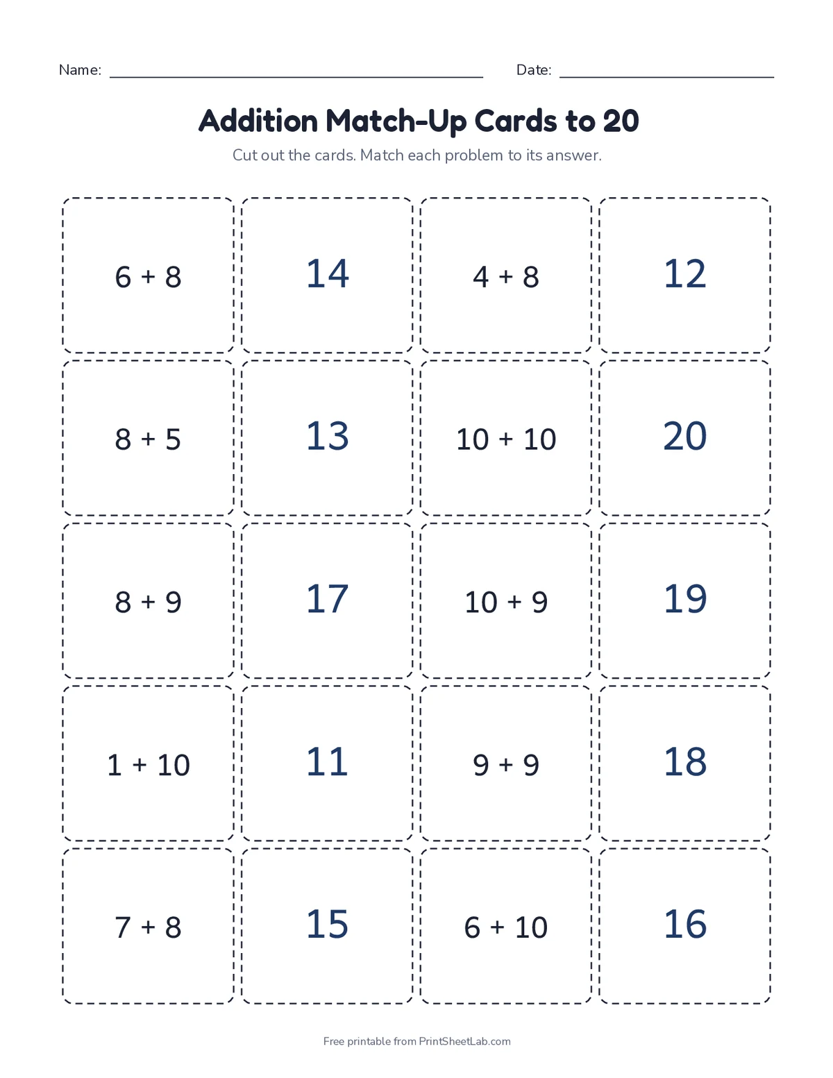 mixed addition and subtraction worksheets: match-up cards to 20