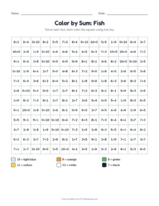 Color by Sum: Fish printable worksheet for grades 1 and 2
