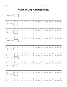 Number Line Addition to 20 printable worksheet for grades 1 and 2