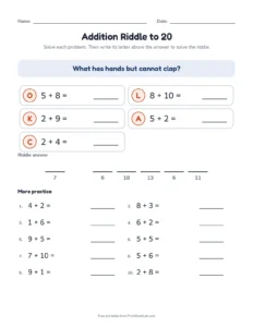Addition Riddle to 20 printable worksheet for grades 1 and 2