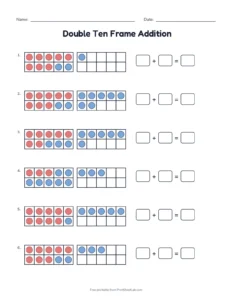 Double Ten Frame Addition printable worksheet for grades 1 and 2