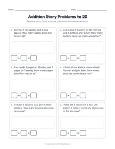 Addition Story Problems to 20 printable worksheet for grades 1 and 2