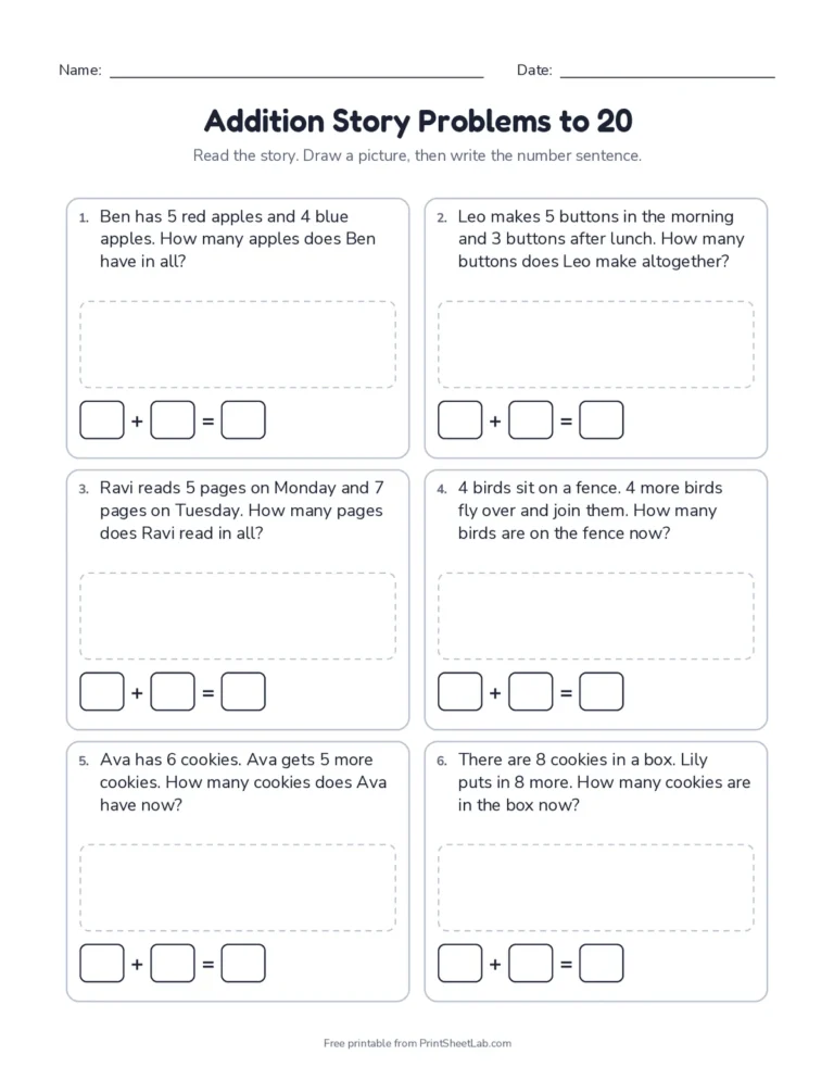 1st grade worksheets: addition word problems within 20