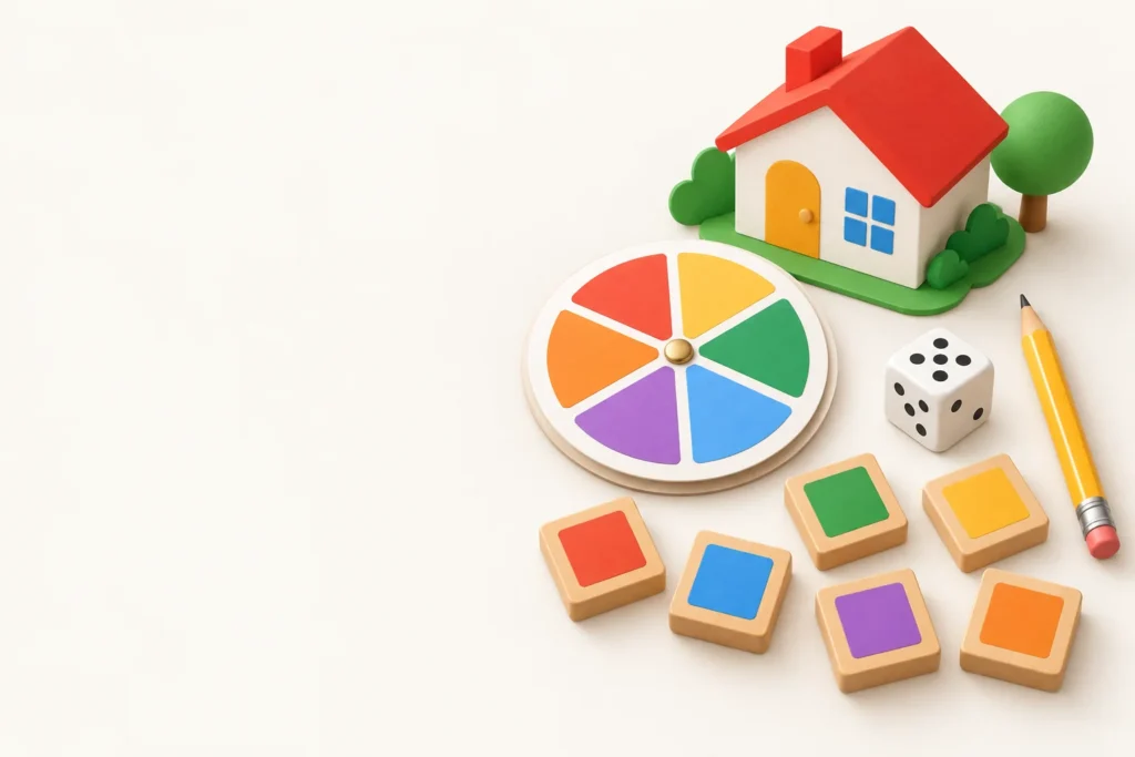 Illustration of a little house with a red roof, a color word wheel with a paper fastener, a die, letter tiles and a pencil