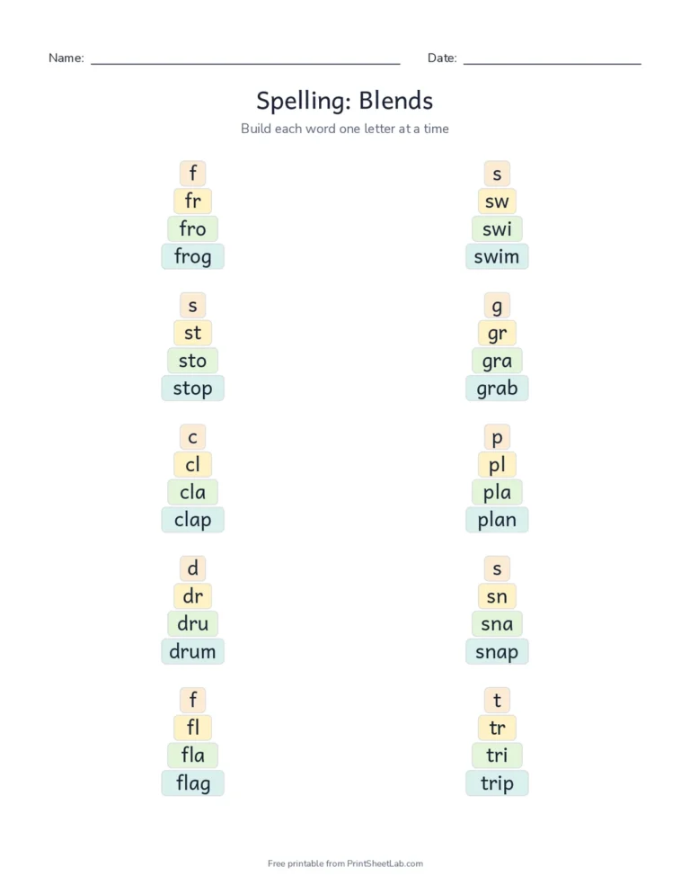 Word pyramid worksheet that builds consonant blend words one letter at a time