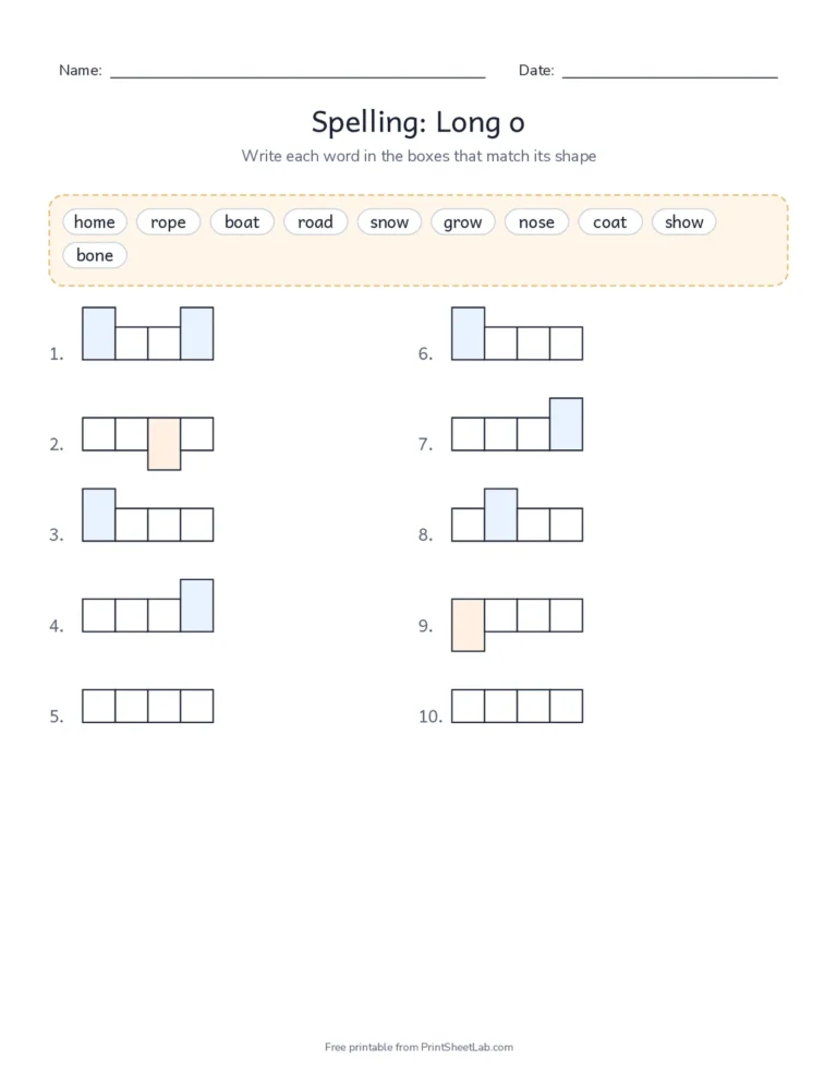 Word shape boxes worksheet for long o words with tall and hanging letter boxes and answer key
