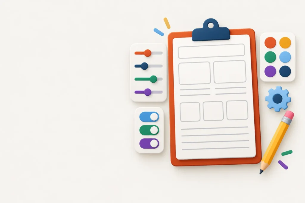 Illustration of a blank worksheet on a clipboard with colorful sliders, switches and a color palette