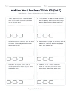 Addition Word Problems Within 100 (Set B) printable worksheet for grades 1 and 2