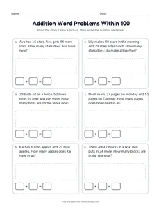 Addition Word Problems Within 100 printable worksheet for grades 1 and 2