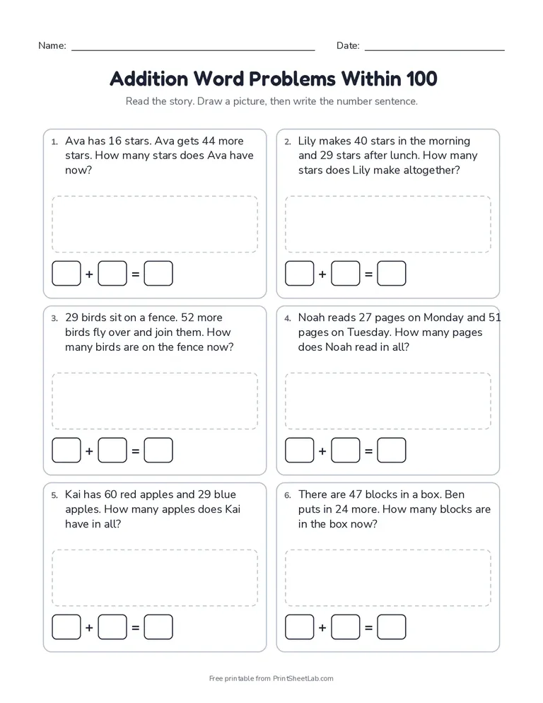 Free math worksheets: an addition word problems within 100 printable worksheet for grades 1 and 2