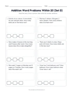 Addition Word Problems Within 20 (Set B) printable worksheet for grades 1 and 2