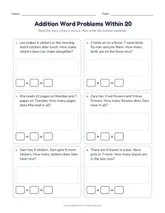 Addition Word Problems Within 20 printable worksheet for grades 1 and 2