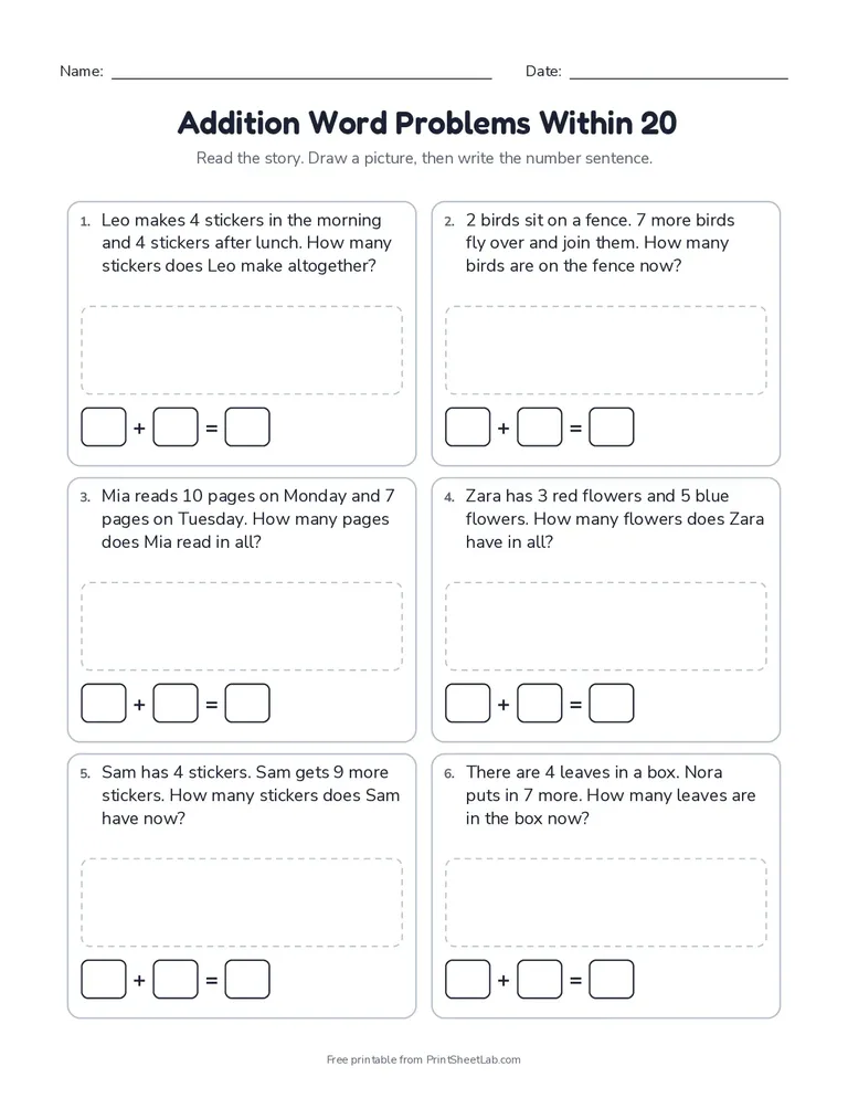 Math word problems worksheets: a printable page of addition and subtraction word problems with space to draw and an answer key