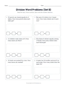 Division Word Problems (Set B) printable worksheet for grades 3 and 4