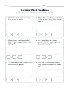 Division Word Problems printable worksheet for grades 3 and 4