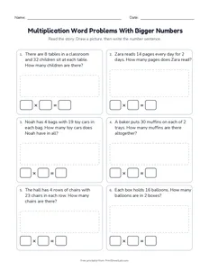 Multiplication Word Problems With Bigger Numbers printable worksheet for grades 3 and 4