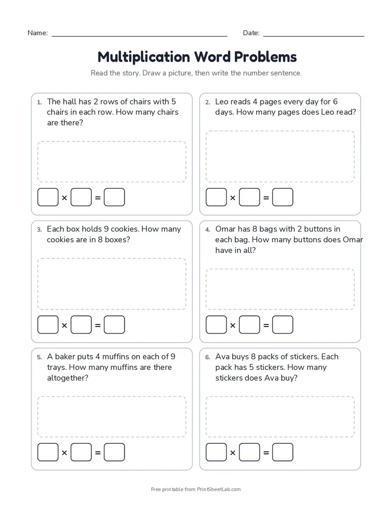 Multiplication Word Problems printable worksheet for grades 3 and 4