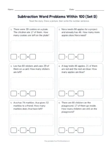 Subtraction Word Problems Within 100 (Set B) printable worksheet for grades 1 and 2