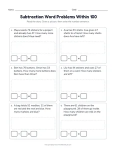 Subtraction Word Problems Within 100 printable worksheet for grades 1 and 2
