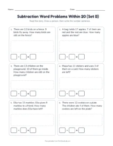 Subtraction Word Problems Within 20 (Set B) printable worksheet for grades 1 and 2