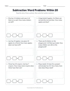 Subtraction Word Problems Within 20 printable worksheet for grades 1 and 2