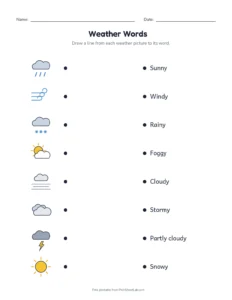 Weather Words Matching printable worksheet for kindergarten to grade 2