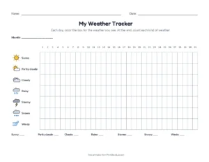 Monthly Weather Tracker printable worksheet for kindergarten to grade 2