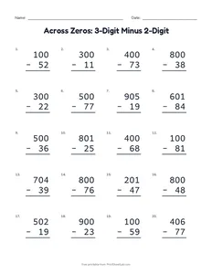 Across Zeros: 3-Digit Minus 2-Digit printable worksheet for grades 2 to 4