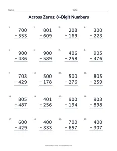 Across Zeros: 3-Digit Numbers printable worksheet for grades 2 to 4