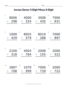 Across Zeros: 4-Digit Minus 3-Digit printable worksheet for grades 2 to 4