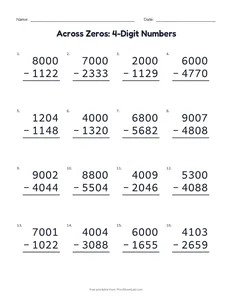 Across Zeros: 4-Digit Numbers printable worksheet for grades 2 to 4