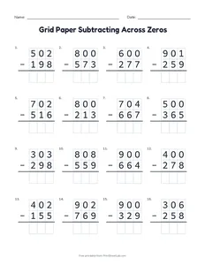 Grid Paper Subtracting Across Zeros printable worksheet for grades 2 to 4